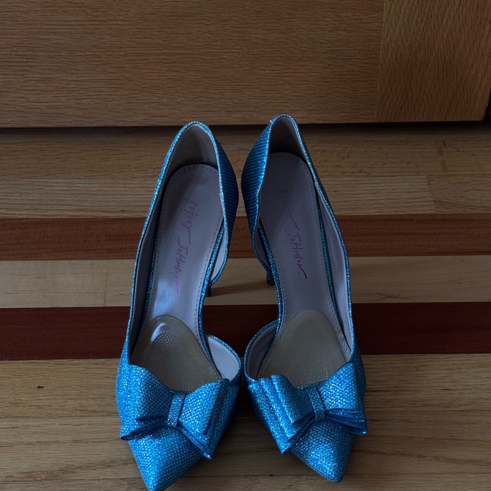 Betsey Johnson Elegant Blue Bow Glitter High Heels - Picture 2 of 5